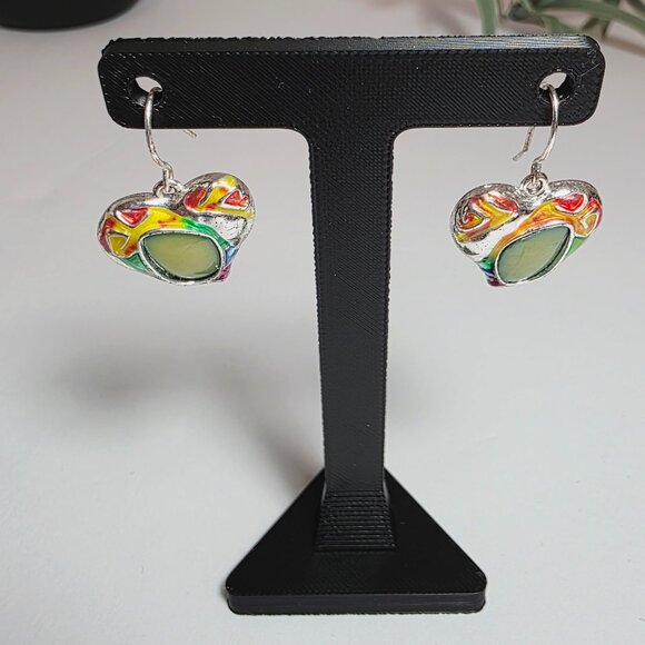 Colorful Enamel Heart Dangle Earrings - Silver Tone - Picture 4 of 8